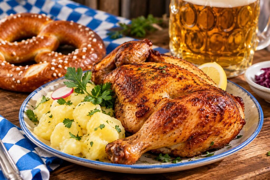 Golden roasted Wiesn-Hendl served with Bavarian potato salad and beer